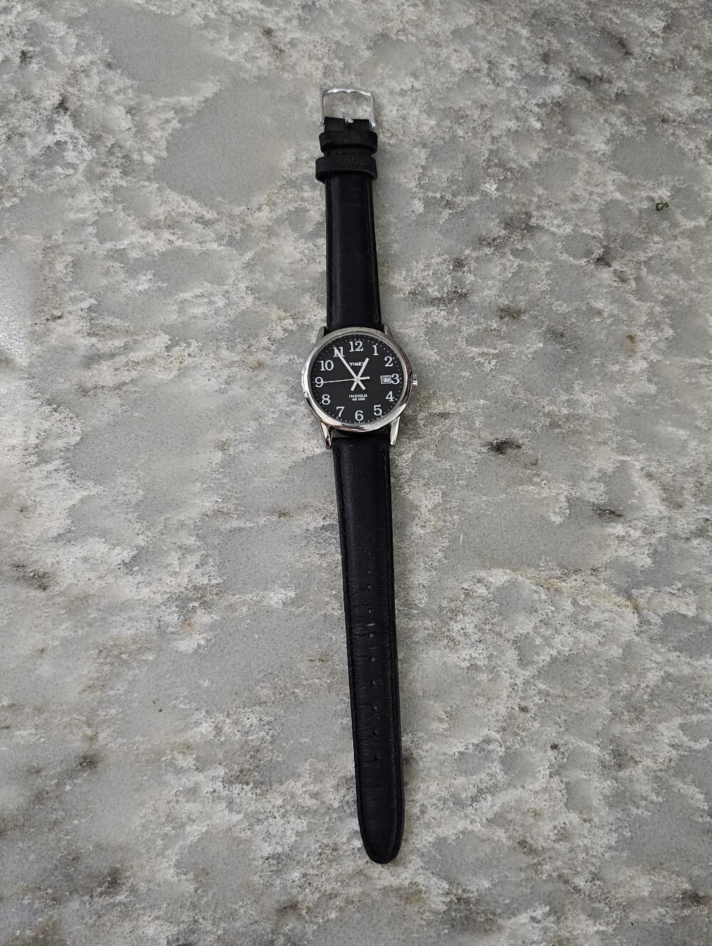 Timex Easy Reader Watch T2N370 Black Dial Date Silver Case Leather Indiglo WORKS